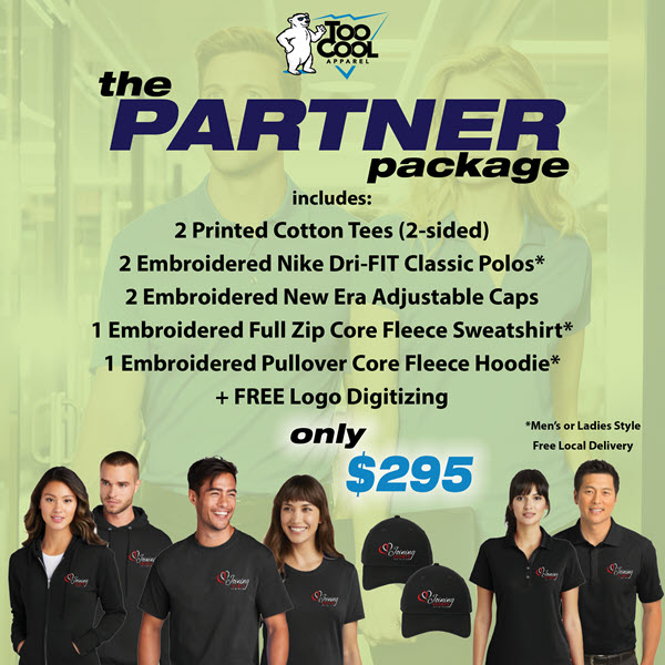 Partner Package_website The Partner Package - includes to cotton tees, 2 Dri-Fit polos, 2 New Era caps, 1 full zip sweatshirt and 1 hoodie